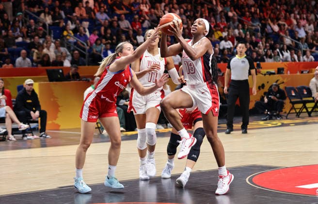 Gabriela Andelova, Jackie Young with the ball; one-on-one; game scene; action; sports; basketball; FIBA World Cup; World Championship; Women s World Cup; 2026-2027 season; July 9, 2026; USA vs. Czech Republic; CZE