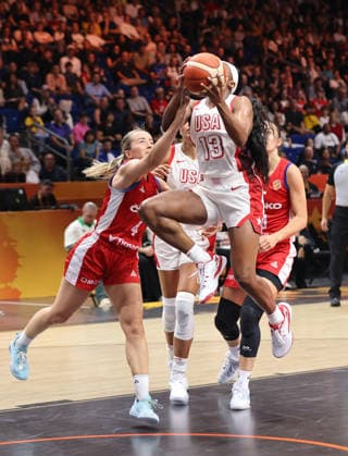 Gabriela Andelova, Jackie Young with the ball; one-on-one; game scene; action; sports; basketball; FIBA World Cup; World Championship; Women s World Cup; 2026-2027 season; July 9, 2026; USA vs. Czech Republic; CZE