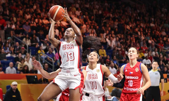Jackie Young with the ball drives to the basket; one-on-one; game action; sports; basketball; FIBA World Cup; World Championship; Women s World Cup; 2026-2027 season; July 9, 2026; USA vs. Czech Republic; CZE