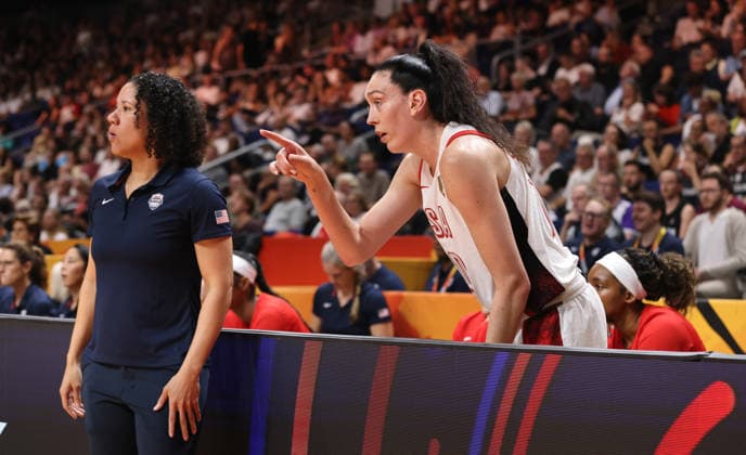 Coach Cara Lawson and Breanna Stewart cheer on the action Upper Body Sports Basketball FIBA World Cup World Championship Women s World Cup 2026-2027 Season July 9, 2026 USA vs. Czech Republic CZE