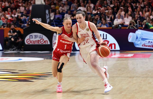 Katerina Zeithammerova, Caitlin Clark with the ball; one-on-one; game scene; action; sports; basketball; FIBA World Cup; World Championship; Women s World Cup; 2026-2027 season; July 9, 2026; USA vs. Czech Republic; Czech Republic; CZE