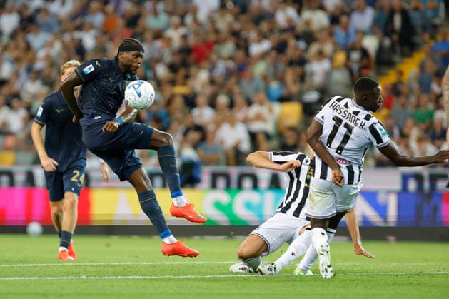 Udinese Calcio v SS Lazio - Serie A 2026 27 Lazio s Nuno Albertino Varela Tavares in action against Udinese s Lennon Miller and Udinese s Hassane Kamara during the Serie A Enilive soccer match between Udinese and Lazio at the Bluenergy Stadium in northern Italy, on September 7, 2026. Udine Italy Italy  Copyright: xMattiaxRadonix originalFilename:radoni-udinesev260907_npnAO.jpg