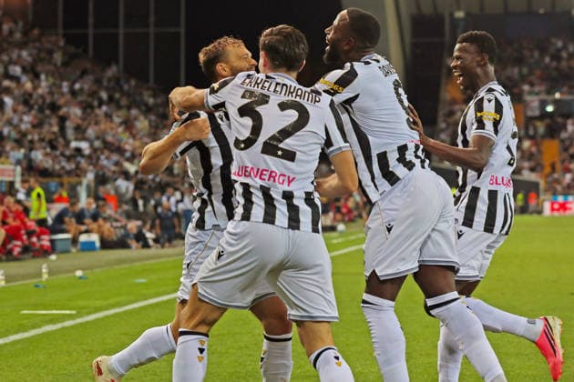 Udinese™s Jesper Karlstroem celebrates after scoring the 1-0 goal for his team during the Serie A soccer match between Udinese and Lazio at the Friuli Stadium in Udine, north east Italy - September 07, 2026. - Soccer  Copyright: xAndreaxBressanutti LaPressex