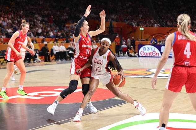 Eliska Joklova, Jackie Young with the ball, one-on-one, game play, action, sports, basketball, FIBA World Cup, Women s World Championship, 2026-2027 season, July 9, 2026, USA vs. Czech Republic, CZE