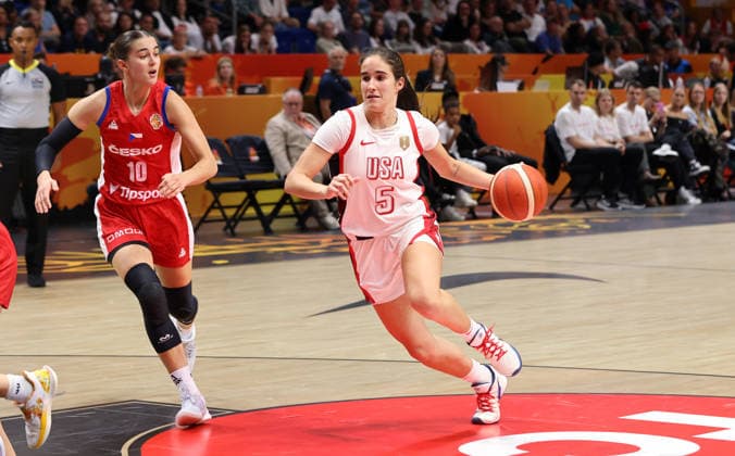 Eliska Joklova, Sonia Citron with the ball; one-on-one; game scene; action; sports; basketball; FIBA World Cup; World Championship; Women s World Cup; 2026-2027 season; July 9, 2026; USA vs. Czech Republic; CZE