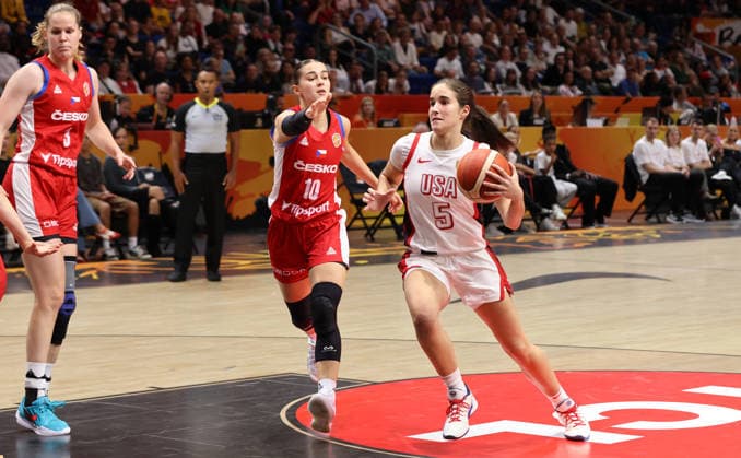 Eliska Joklova, Sonia Citron with the ball; one-on-one; game scene; action; sports; basketball; FIBA World Cup; World Championship; Women s World Cup; 2026-2027 season; July 9, 2026; USA vs. Czech Republic; CZE