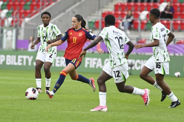 SOCCER - FIFA World Cup, WM, Weltmeisterschaft, Fussball - FIFA U-20 Women? World Cup - Spain vs. Nigeria Photo by IPA ABACAPRESS.COM88245654 - Favour Nkwocha (NGA), Daniela Agote (ESP), Tosin Rafiu (NGA), and Tumininu Adeshina (NGA) during the FIFA U-20 Women s World Cup match between Spain and Nigeria in Sosnowiec, Poland, on September 7, 2026 Sosnowiec Poland  Copyright: xIPAxSport ABACAx