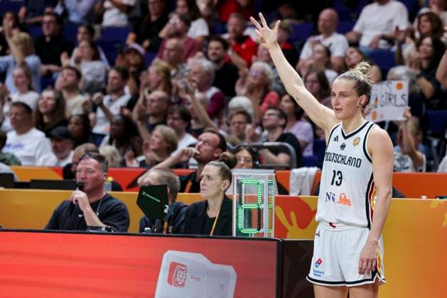 Leonie Fiebich of Germany cheers during the FIBA Women s Basketball World Cup Germany 2026 group match between Germany and Mali at the Berlin Arena on September 7, 2026, in Berlin, Germany. Photo by Marco Steinbrenner, DeFodi Images