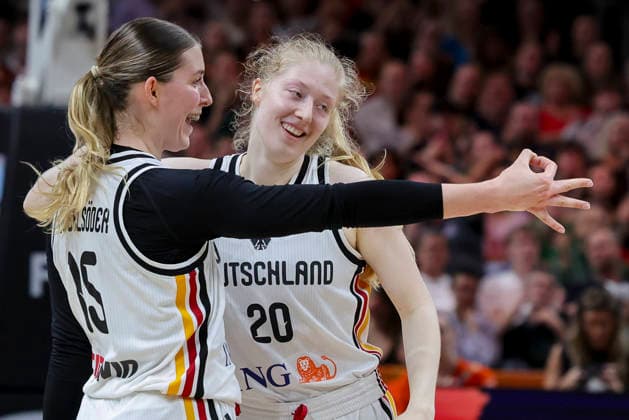 Luisa Geiselsoder of Germany and Frieda Buhner of Germany cheer during the FIBA Women s Basketball World Cup Germany 2026 group match between Germany and Mali at the Berlin Arena on September 7, 2026, in Berlin, Germany. Photo by Marco Steinbrenner, DeFodi Images