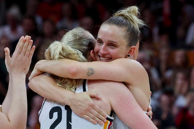 Marie Guelich (Germany) and Leonie Fiebich (Germany) cheer during the FIBA Women s Basketball World Cup Germany 2026 group match between Germany and Mali at the Berlin Arena on September 7, 2026, in Berlin, Germany. Photo by Marco Steinbrenner, DeFodi Images