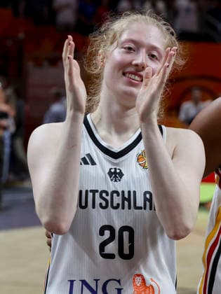 Frieda Buhner of Germany cheers during the FIBA Women’s Basketball World Cup Germany 2026 group match between Germany and Mali at the Berlin Arena on September 7, 2026, in Berlin, Germany. Photo by Marco Steinbrenner, DeFodi Images