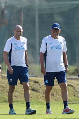 Napoli™s head coach Massimiliano Allegri, Napoli™s assistant coach Marco Landucci During training at the SSC Napoli sports center, Champions League Napoli - Arsenal Castel Volturno (CE) on September 08 , 2026  Copyright: xAlessandroxGarofalo LaPressex
