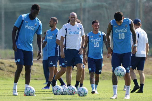 Napoli™s head coach Massimiliano Allegri, Napoli™s Matteo Politano During training at the SSC Napoli sports center, Champions League Napoli - Arsenal Castel Volturno (CE) on September 08 , 2026  Copyright: xAlessandroxGarofalo LaPressex