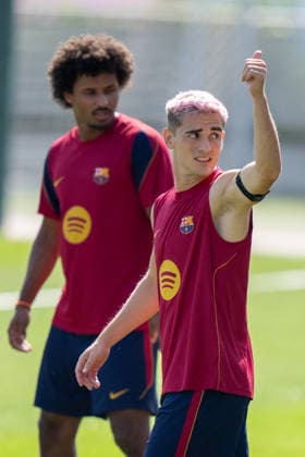 Spain-UEFA Champions League Media Day FC Barcelona, Barca v Feyenoord in Barcelona, Spain. UEFA Champions League media day. FC Barcelona player Gavi (6) reacts during a training session ahead of the UEFA Champions League match between FC Barcelona and Feyenoord Rotterdam in Ciutat Esportiva Joan Gamper, Barcelona, Spain, on September 8, 2026. Barcelona Ciutat Esportiva Joan Gamper Barcelona Spain