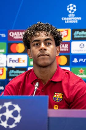 Spain-UEFA Champions League Media Day FC Barcelona, Barca v Feyenoord in Barcelona, Spain. UEFA Champions League media day. FC Barcelona player Lamine Yamal during a press conference, PK, Pressekonferenz ahead of the UEFA Champions League match between FC Barcelona and Feyenoord Rotterdam in Ciutat Esportiva Joan Gamper, Barcelona, Spain, on September 8, 2026. Barcelona Ciutat Esportiva Joan Gamper Barcelona Spain