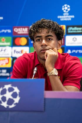Spain-UEFA Champions League Media Day FC Barcelona, Barca v Feyenoord in Barcelona, Spain. UEFA Champions League media day. FC Barcelona player Lamine Yamal during a press conference, PK, Pressekonferenz ahead of the UEFA Champions League match between FC Barcelona and Feyenoord Rotterdam in Ciutat Esportiva Joan Gamper, Barcelona, Spain, on September 8, 2026. Barcelona Ciutat Esportiva Joan Gamper Barcelona Spain