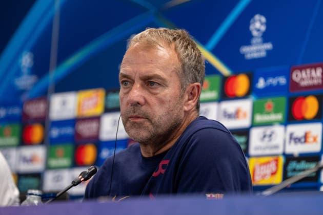 Spain-UEFA Champions League Media Day FC Barcelona, Barca v Feyenoord in Barcelona, Spain. UEFA Champions League media day. Hansi Flick, head coach of FC Barcelona during a press conference, PK, Pressekonferenz ahead of the UEFA Champions League match between FC Barcelona and Feyenoord Rotterdam in Ciutat Esportiva Joan Gamper, Barcelona, Spain, on September 8, 2026. Barcelona Ciutat Esportiva Joan Gamper Barcelona Spain