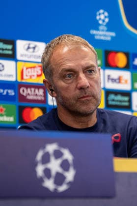Spain-UEFA Champions League Media Day FC Barcelona, Barca v Feyenoord in Barcelona, Spain. UEFA Champions League media day. Hansi Flick, head coach of FC Barcelona during a press conference, PK, Pressekonferenz ahead of the UEFA Champions League match between FC Barcelona and Feyenoord Rotterdam in Ciutat Esportiva Joan Gamper, Barcelona, Spain, on September 8, 2026. Barcelona Ciutat Esportiva Joan Gamper Barcelona Spain