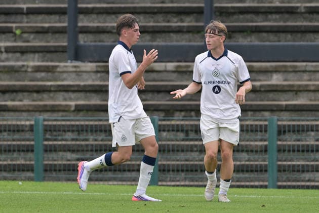260908 Youth League Club Brugge vs Aston Villa Tian Koren (7) of Club Brugge NXT celebrates with Matteo Soria (9) of Club Brugge NXT after scoring the 2-0 goal during the Uefa Youth League matchday 1 game in the League phase in season 2026 - 2027 between Club Brugge KV and Aston Villa on September 8 , 2026 in Roeselare, Belgium. (Photo by David Catry sportpix) Roeselare Schiervelde - The Nest West Flanders Belgium  Copyright: xsportpixxDavidxCatryx