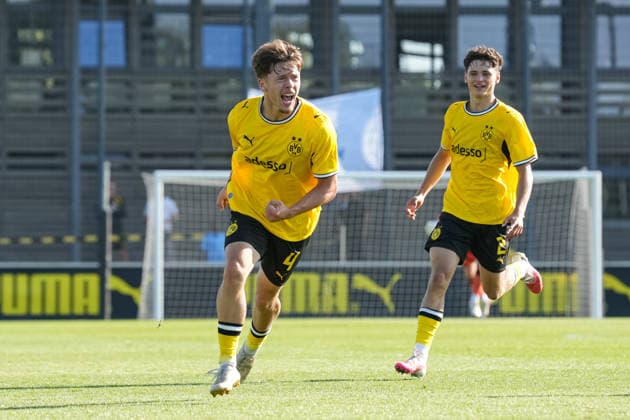 Tuesday, September 8, 2026, 2026–2027 Season, Matchday 1 of the UEFA Youth League at BVB Fußballpark Hohenbuschei, Dortmund, Germany BV Borussia Dortmund U19 vs. FC Villarreal U19 Celebrations after Jan Luca Riedl’s 2–1 goal for BVB