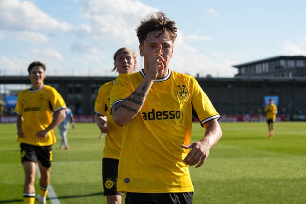 Tuesday, September 8, 2026, 2026–2027 Season, Matchday 1 of the UEFA Youth League at BVB Fußballpark Hohenbuschei, Dortmund, Germany BV Borussia Dortmund U19 vs. FC Villarreal U19 Celebrations after Jan Luca Riedl’s 2–1 goal for BVB