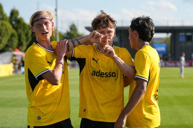 Tuesday, September 8, 2026, 2026–2027 Season, Matchday 1 of the UEFA Youth League at BVB Fußballpark Hohenbuschei, Dortmund, Germany BV Borussia Dortmund U19 vs. FC Villarreal U19 Celebrations after Jan Luca Riedl’s 2–1 goal for BVB