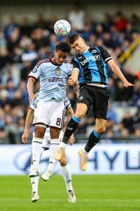 Aston Villa s Boubacar Kamara and Club s Nicolo Tresoldi fight for the ball during a soccer game between Belgian soccer team Club Brugge KV and English Aston Villa FC, on Tuesday 8 September 2026 in Brugge, on the first game of the UEFA Champions League league phase. BRUNOxFAHY  x185678220x