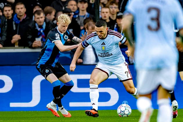 BRUGGE Club Brugge midfielder Joaquin Seys and Aston Villa FC midfielder John McGinn during the UEFA Champions League match between Club Brugge and Aston Villa at Jan Breydel Stadium on September 8, 2026, in Brugge, Belgium. Photo by DeFodi Images