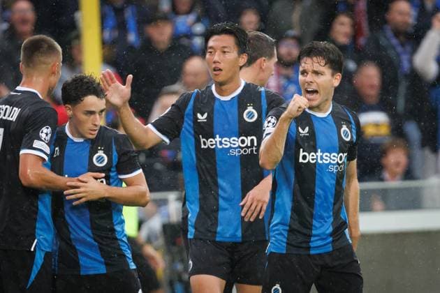 Club s Hugo Vetlesen celebrates after scoring during a soccer game between Belgian soccer team Club Brugge KV and English Aston Villa FC, on Tuesday 8 September 2026 in Brugge, on the first game of the UEFA Champions League league phase. KURTxDESPLENTER  x185679541x