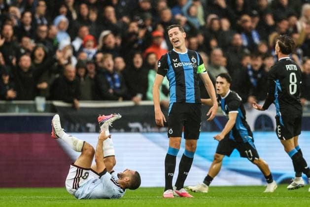 Club s Hans Vanaken reacts during a soccer game between Belgian soccer team Club Brugge KV and English Aston Villa FC, on Tuesday 8 September 2026 in Brugge, on the first game of the UEFA Champions League league phase. BRUNOxFAHY  x185679656x