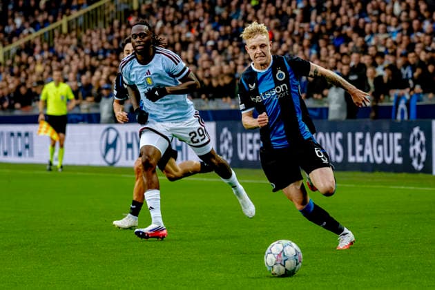 BRUGGE Aston Villa FC defender Aaron Wan-Bissaka and Club Brugge midfielder Joaquin Seys during the UEFA Champions League match between Club Brugge and Aston Villa at Jan Breydel Stadium on September 8, 2026, in Brugge, Belgium. Photo by DeFodi Images