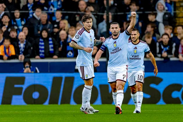 BRUGGE Aston Villa FC midfielder John McGinn scores to make it 0–1 and celebrates the goal during the UEFA Champions League match between Club Brugge and Aston Villa at Jan Breydel Stadium on September 8, 2026, in Brugge, Belgium. Photo by DeFodi Images
