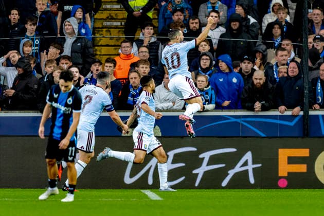 BRUGGE: Aston Villa FC forward Emiliano Buendia scores to make it 1–2 and celebrates the goal during the UEFA Champions League match between Club Brugge and Aston Villa at Jan Breydel Stadium on September 8, 2026, in Brugge, Belgium. Photo by DeFodi Images
