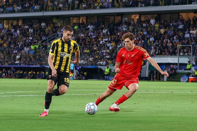 AEK Athens v LASK UEFA Champions League Barnabás Varga of AEK Athens and João Tornich of LASK during the UEFA Champions League match at AEK Arena, Athens 08 09 2026 UK Newspapers OUT Copyright: xYannisxHalasx FIL-23912-0031