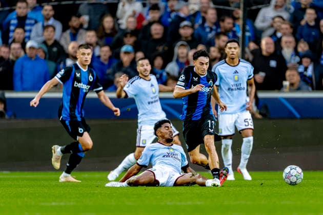 BRUGGE Club Brugge forward Jan Virgilli and Aston Villa FC defender Ian Maatsen during the UEFA Champions League match between Club Brugge and Aston Villa at Jan Breydel Stadium on September 8, 2026, in Bruges, Belgium. Photo by DeFodi Images