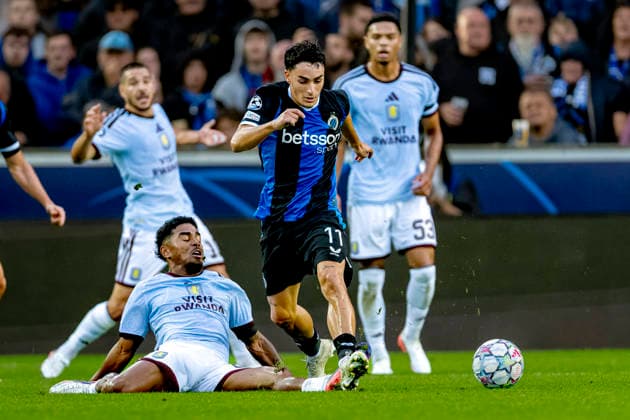 BRUGGE Club Brugge forward Jan Virgilli and Aston Villa FC defender Ian Maatsen during the UEFA Champions League match between Club Brugge and Aston Villa at Jan Breydel Stadium on September 8, 2026, in Bruges, Belgium. Photo by DeFodi Images