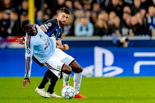BRUGGE Club Brugge defender Brandon Mechele and Aston Villa FC forward Nicolas Jackson during the UEFA Champions League match between Club Brugge and Aston Villa at Jan Breydel Stadium on September 8, 2026, in Brugge, Belgium. Photo by DeFodi Images