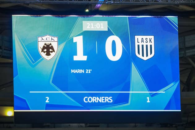 SOCCER - UEFA CL, AEK vs LASK ATHENS,GREECE,08.SEP.26 - SOCCER - UEFA Champions League, AEK Athens vs Linzer ASK. Image shows the scoreboard.  GEPAxpictures xManuelxBinder