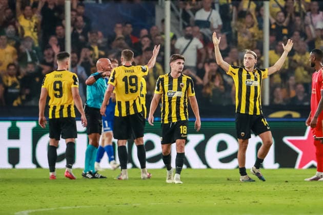 SOCCER - UEFA CL, AEK vs LASK ATHENS,GREECE,08.SEP.26 - SOCCER - UEFA Champions League, AEK Athens vs Linzer ASK. Image shows the disappointment of the team AEK.  GEPAxpictures xManuelxBinder