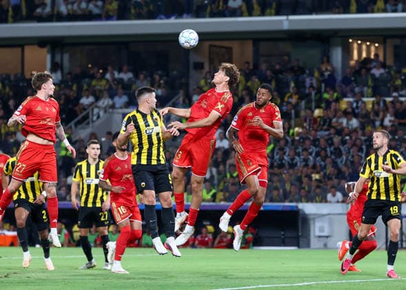 AEK Athens v LASK UEFA Champions League Luka Jovic of AEK Athens and João Tornich of LASK jump for the ball during the UEFA Champions League match at AEK Arena, Athens 08 09 2026 UK Newspapers OUT Copyright: xYannisxHalasx FIL-23912-0045