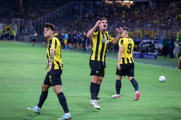 AEK Athens v LASK UEFA Champions League Razvan Marin of AEK Athens celebrates after scoring Aek s first goal during the UEFA Champions League match at AEK Arena, Athens 08 09 2026 UK Newspapers OUT Copyright: xYannisxHalasx FIL-23912-0051