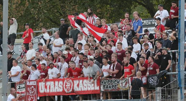 September 8, 2026 xmgoodx Frankfurt am Main, PSD Bank Arena, Regionalliga Southwest, 2026–2027 Season, FSV Frankfurt vs. KSV Hessen Kassel, after Amar Suljic scored the 1–0 goal in the 14th minute; FSV Frankfurt; shock among the Kassel ultras