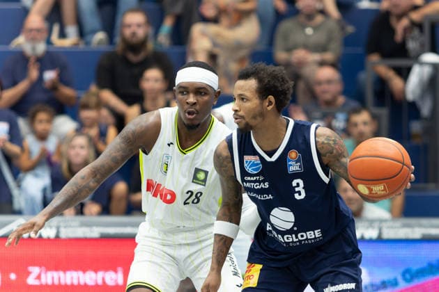 Glen Abram Jr. Bayreuth, 28, DeLonnie Hunt MBC, 3, Syntainics MBC vs. Medikamente per Klick Bayreuth, Exhibition Game, Preseason, Basketball, Bundesliga, 2. Bundesliga, Men, 2026–27 Season, August 9, 2026, Weißenfels City Hall, Saxony-Anhalt, Germany