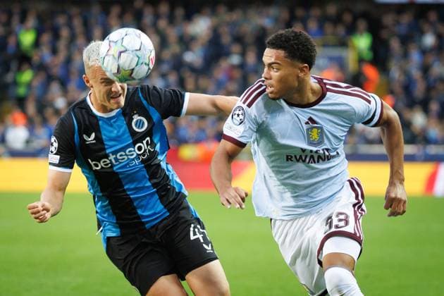 Club s Hugo Siquet and Aston Villa s George Hemmings fight for the ball during a soccer game between Belgian soccer team Club Brugge KV and English Aston Villa FC, on Tuesday 8 September 2026 in Brugge, on the first game of the UEFA Champions League league phase. KURTxDESPLENTER  x185682905x