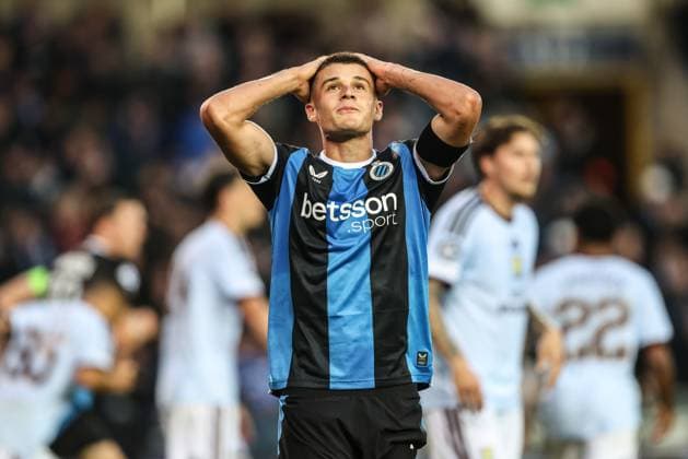 Club s Nicolo Tresoldi reacts during a soccer game between Belgian soccer team Club Brugge KV and English Aston Villa FC, on Tuesday 8 September 2026 in Brugge, on the first game of the UEFA Champions League league phase. BRUNOxFAHY  x185683401x