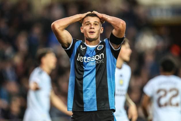 Club s Nicolo Tresoldi reacts during a soccer game between Belgian soccer team Club Brugge KV and English Aston Villa FC, on Tuesday 8 September 2026 in Brugge, on the first game of the UEFA Champions League league phase. BRUNOxFAHY  x185683561x