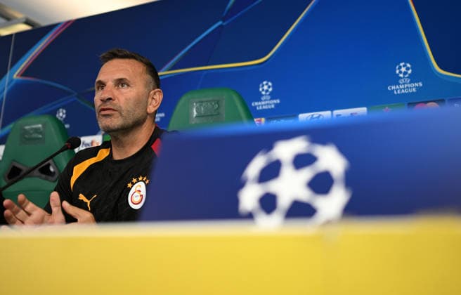 Ahead of Sporting CP - Galatasaray UEFA Champions League LISBON, PORTUGAL - SEPTEMBER 8: Galatasaray head coach Okan Buruk and player Rafael Leao (not seen) answer questions during a press conference, PK, Pressekonferenz at Jose Alvalade Stadium ahead of the UEFA Champions League opening-week match between Sporting and Galatasaray in Lisbon, Portugal, on September 8, 2026. Burak Akbulut Anadolu Lisbon Portugal. Editorial use only. Please get in touch for any other usage.  Copyright: x2026xAnadoluxBurakxAkbulutx