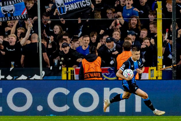 BRUGGE Club Brugge forward Nicolo Tresoldi scores to make it 2–3 and celebrates the goal during the UEFA Champions League match between Club Brugge and Aston Villa at Jan Breydel Stadium on September 8, 2026, in Brugge, Belgium. Photo by DeFodi Images