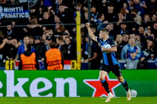 BRUGGE Club Brugge forward Nicolo Tresoldi scores to make it 2–3 and celebrates the goal during the UEFA Champions League match between Club Brugge and Aston Villa at Jan Breydel Stadium on September 8, 2026, in Brugge, Belgium. Photo by DeFodi Images