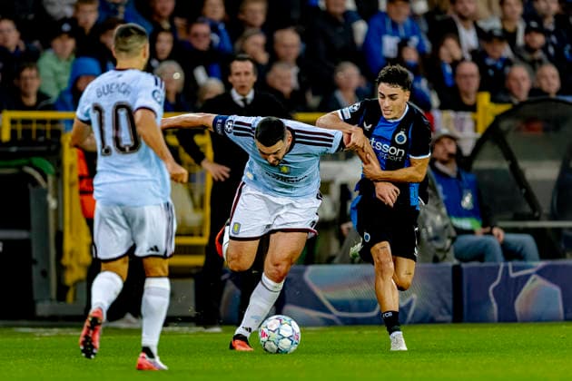 BRUGGE: Aston Villa FC midfielder John McGinn and Club Brugge forward Jan Virgilli during the UEFA Champions League match between Club Brugge and Aston Villa at Jan Breydel Stadium on September 8, 2026, in Brugge, Belgium. Photo by DeFodi Images